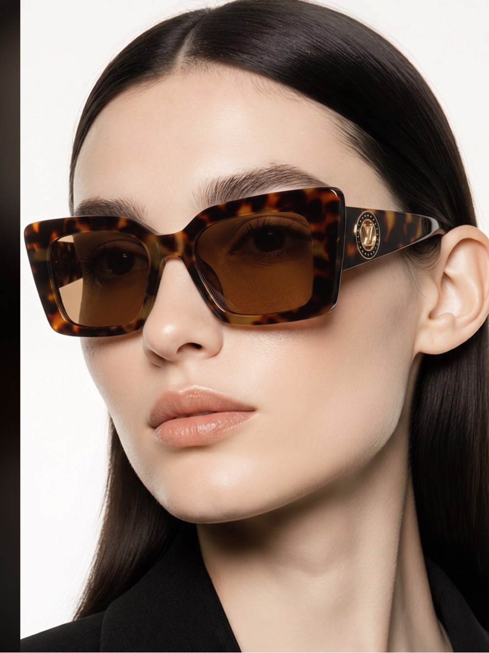 Tortoiseshell Square Sunglasses with Gold Logo Medallion